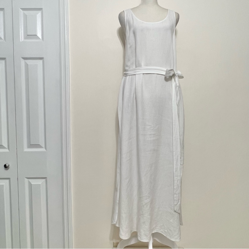 Eileen Fisher White Linen Blend Waist Tie Midi Sleeveless Dress Resortwear - Picture 2 of 9